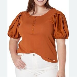 Calvin Klein Puff Sleeve Terracotta Henley Top Pullover Casual Feminine Sz 1X